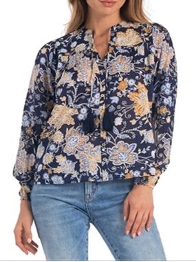 🏛️✨ NWT Elan 100% Cotton Boho Blouse | Navy & Gold
